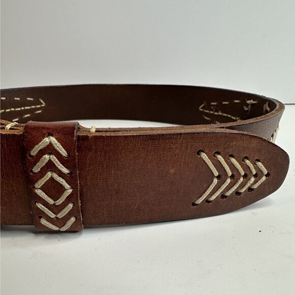 Vintage Brown Leather Belt With Embroidered Arrows & Silver Buckle Size S - Picture 2 of 12